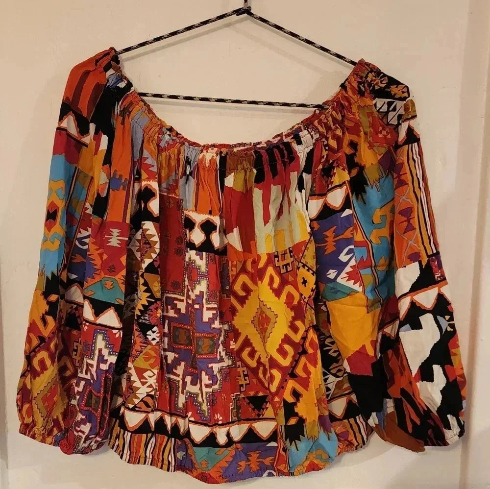Christian Siriano Boho colorful cropped 3/4 sleeve blouse‎ size Medium